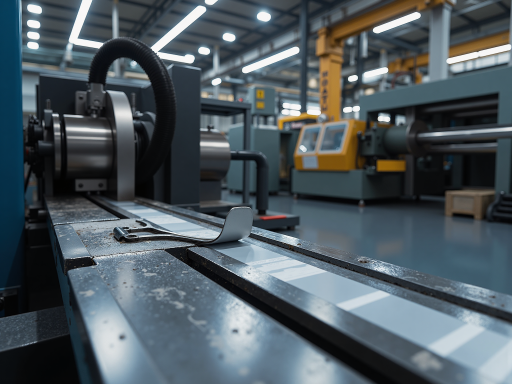 制造业工厂车间内部，现代化生产线设备，工人穿着防护服操作机器，金属质感，工业风格