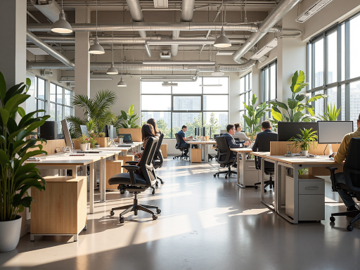 现代化办公环境，宽敞明亮的会议室，员工正在讨论项目方案，白色墙壁，绿色植物装饰，自然光线充足